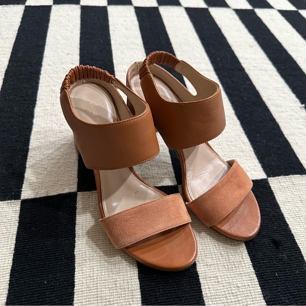 Stuart Weitzman Cognac Two-Strap Block Heel Slingbacks